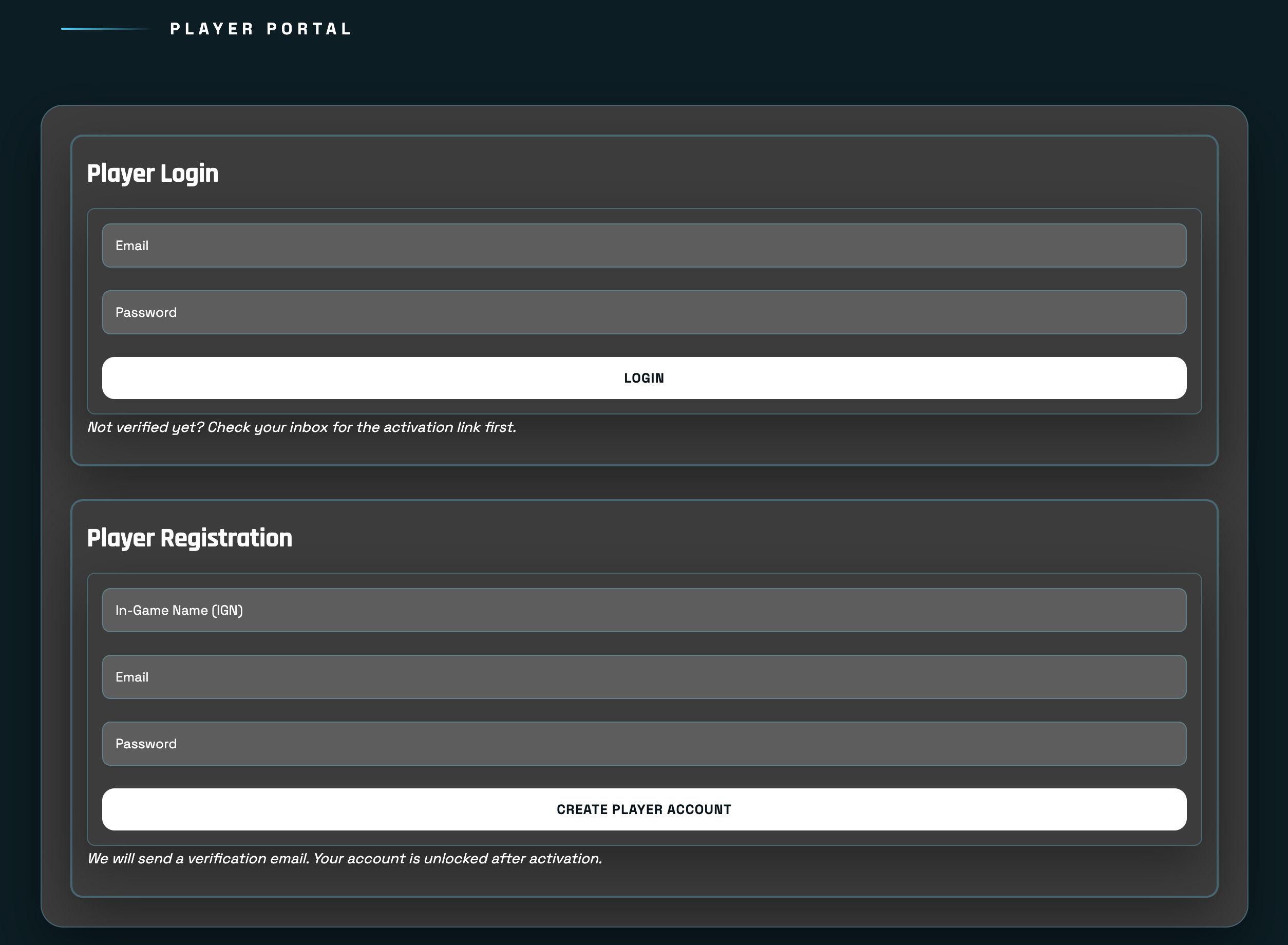 Player account registration screenshot